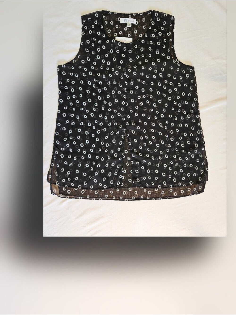 NWT Size Medium Cristina B. Layered Black Sheer Top with White Dot Pattern